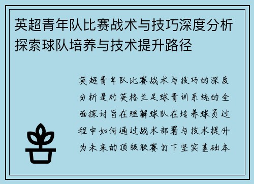 英超青年队比赛战术与技巧深度分析探索球队培养与技术提升路径