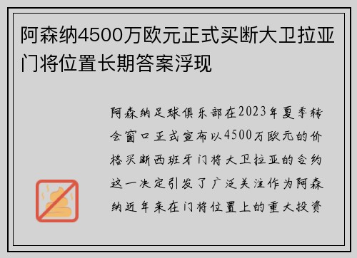 阿森纳4500万欧元正式买断大卫拉亚门将位置长期答案浮现